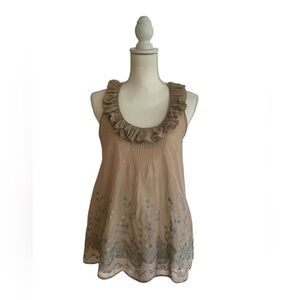Alberto Makali 100% Silk Tan Ruffle Embroidered Flowy Tank Top Size M